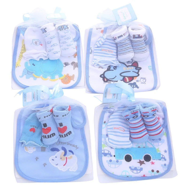 Baby Cotton Bibs +Gloves +Socks Sets Bag Cute Kawaii Newborn Kids Burp Cloths for Children Boys Girls Accessories Birthday Gift