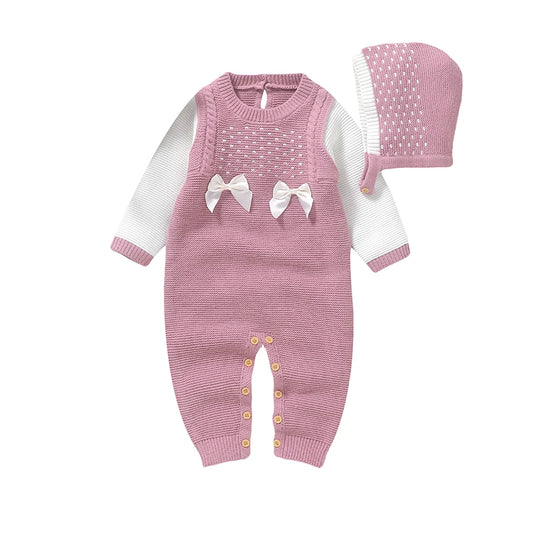 Newborn Baby Rompers Knit Infant Girl Jumpsuit Cute Bows Autumn Kid Clothes Hat Child Overalls 0-18M Outfit Warm Long Sleeve 2pc