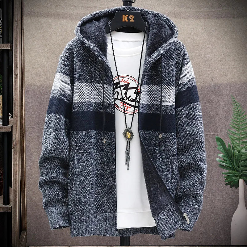 Men's Striped Cardigan Winter Sweater Fleece Jumper Hooded Clothes Harajuku Japanese Casual Windbreaker Korean Knit Jacket Coat