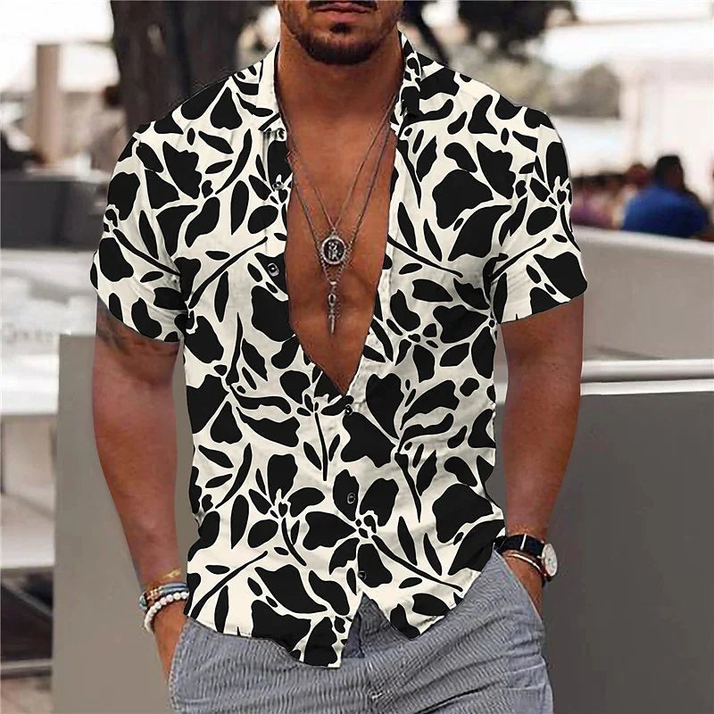 Hawaiian Shirt For Men Vacation Daily Slim Fit Tops Gym Elegant Flower Pattern Leaves Social Casual Fashion Camisa Y2k Clothing