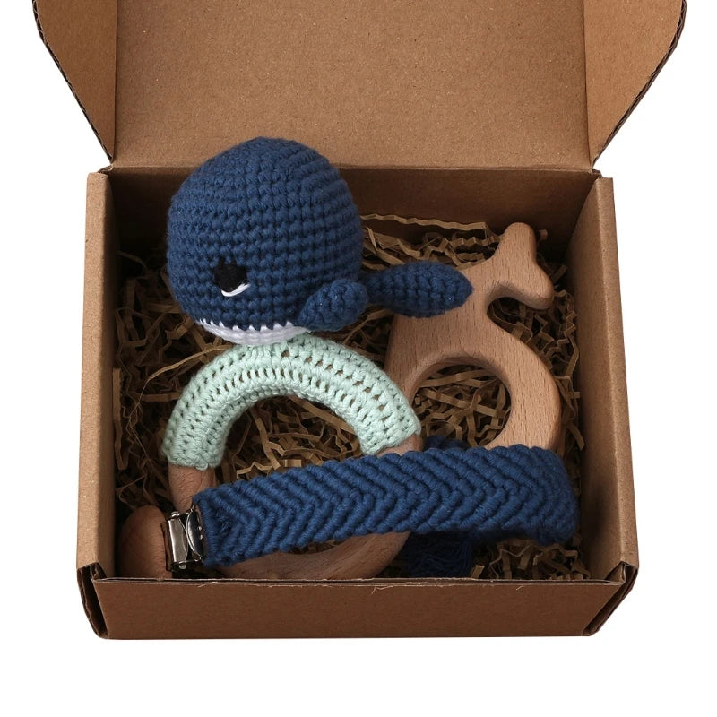 1Set Crochet Bunny Baby Teether Rattle Safe Beech Wooden Teether Ring Pacifier Clip Chain Set Newborn Mobile Gym Educational Toy