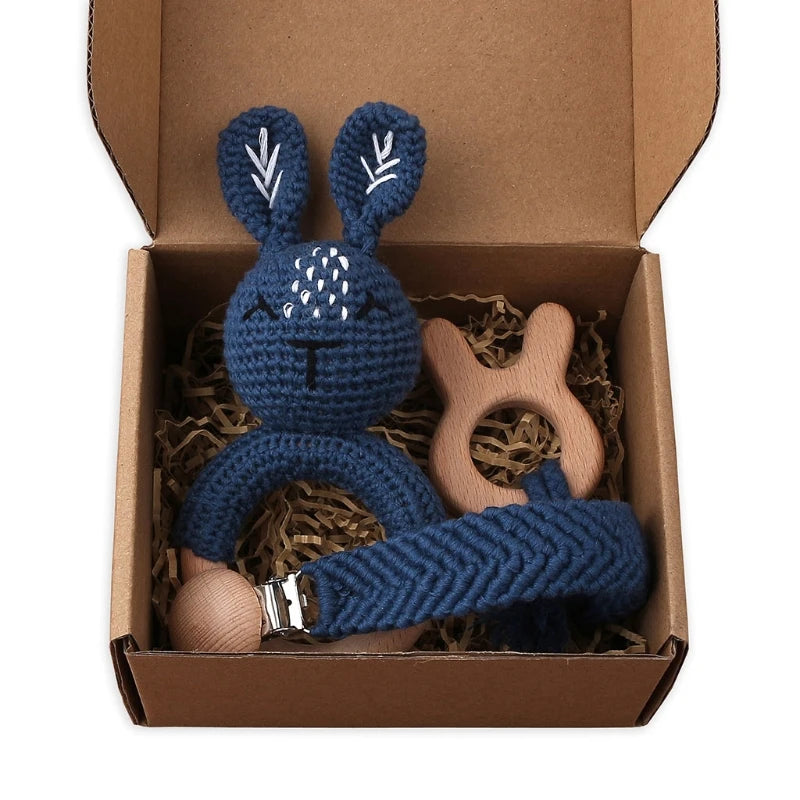 1Set Crochet Bunny Baby Teether Rattle Safe Beech Wooden Teether Ring Pacifier Clip Chain Set Newborn Mobile Gym Educational Toy