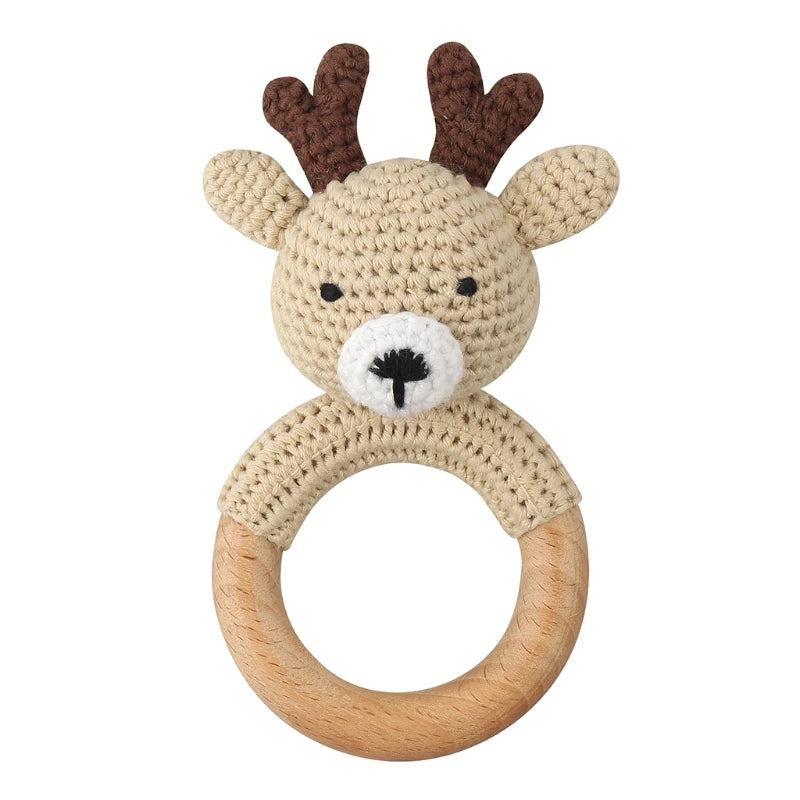 1Set Crochet Bunny Baby Teether Rattle Safe Beech Wooden Teether Ring Pacifier Clip Chain Set Newborn Mobile Gym Educational Toy