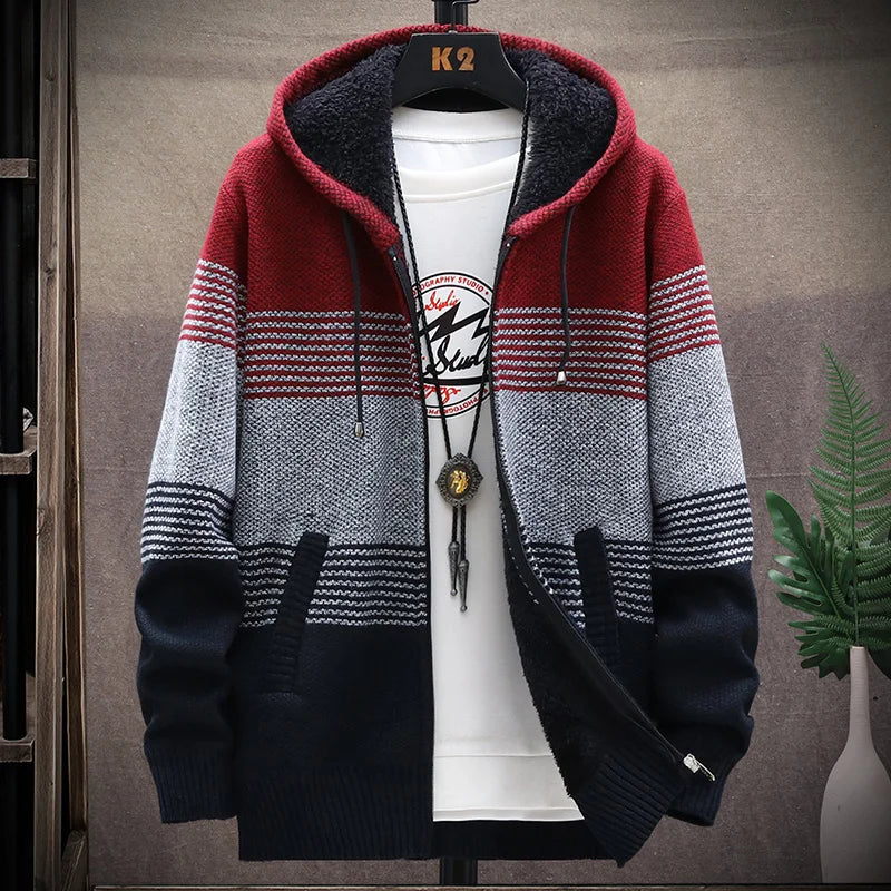 Men's Striped Cardigan Winter Sweater Fleece Jumper Hooded Clothes Harajuku Japanese Casual Windbreaker Korean Knit Jacket Coat