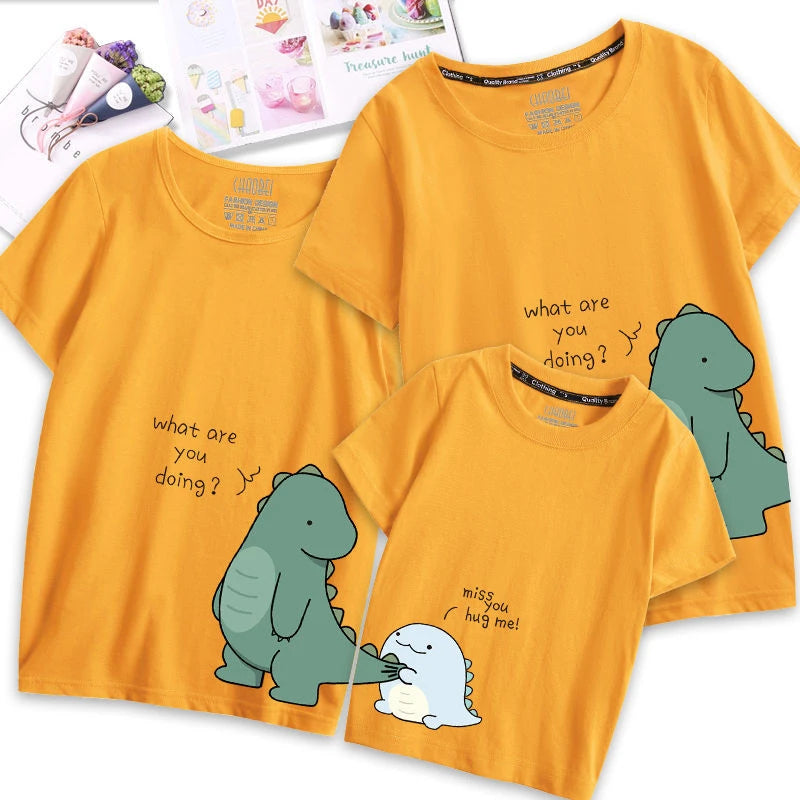 Family Matching Outfits Clothes Mother Dad and Kid Summer Cartoon Dinosaur T-Shirt Sport Clothing Cotton Parent Child Outfits