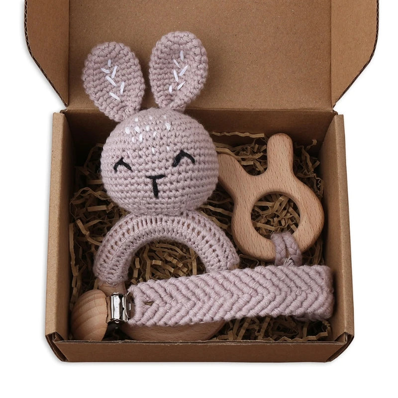 1Set Crochet Bunny Baby Teether Rattle Safe Beech Wooden Teether Ring Pacifier Clip Chain Set Newborn Mobile Gym Educational Toy